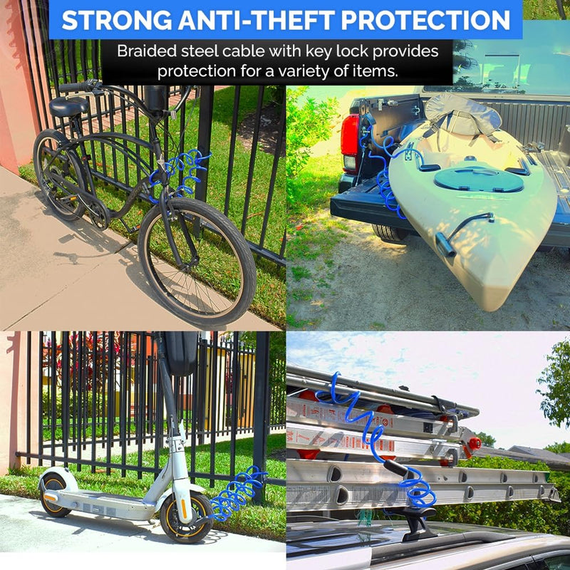 Coiled Security Cable Lock (5' to 25’ Lengths) with Keys, 10ft | Weatherproof, Multi-Purpose, Anti-Theft Protection, 10mm Diameter, For Kayaks, Bikes, Paddleboards, Scooters, Equipment