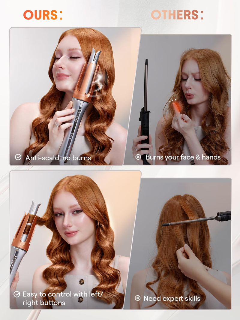 SHEGLAM Automatic Curling Iron 25mm / 1inch with Ceramic Coating, 3 Temperature Levels (170-210°C), Quick Heating Self Rotating Curler for Hair Styling (25mm) Orange