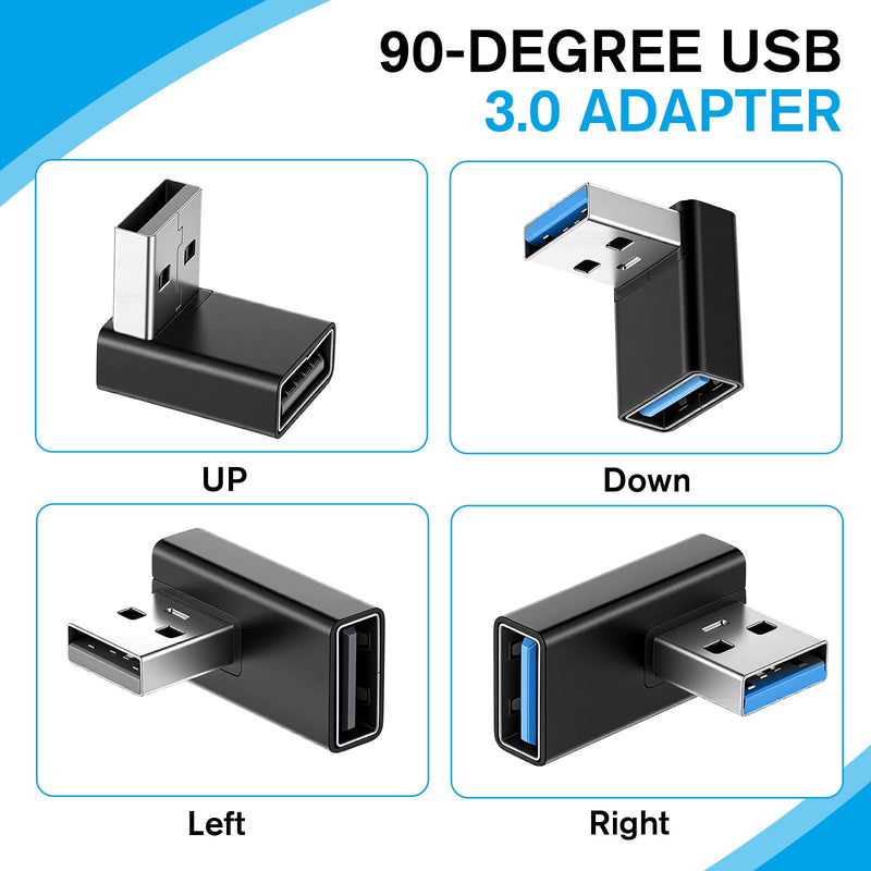 4 Pack 90 Degree USB 3.0 Adapter, Right Angle USB Adapter,Left and Right Angle and Vertical up and Down Angleusb a Male to Female Converters Extend for Power Bank, Chargers, Laptops, USBDisk