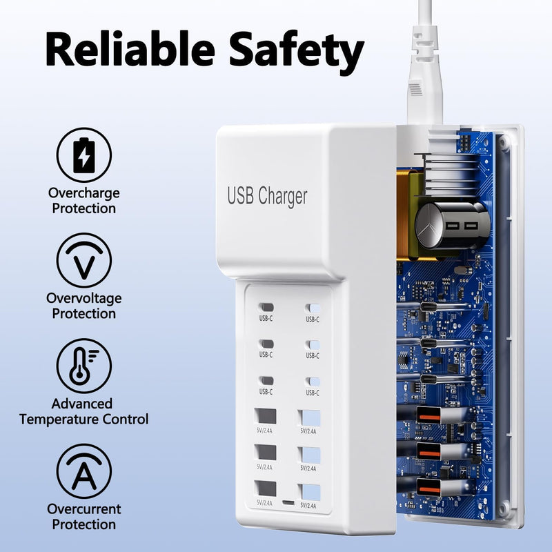 Multi USB C Charger, USB Charging Block Station, 50W 12 Port Multiple USB C Power Strip USB Hub Compatible with iPhone 17 Pro Max/16/15/14/13/12/11, iPad, Tablets, Samsung Galaxy S25/S24, Pixel