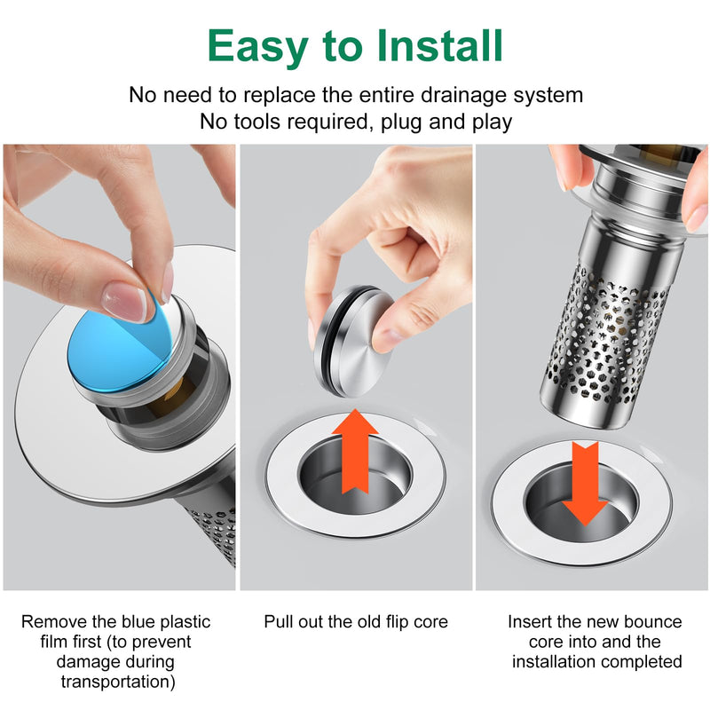 Bathroom Sink Drain Strainer,Universal Pop-Up Sink Stopper Hair Catcher, Anti-Clog Stainless Steel Drain Filter Basket, Removable Sink Drain for Bathroom Sink Stopper Silver-3pack
