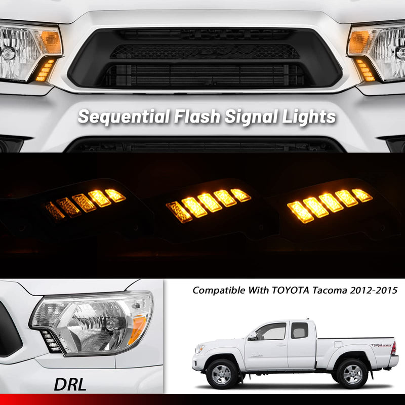 Switchback White/Amber Front Side Marker Headlight Daytime Running Lamp Sequential Flash Turn Signal Feature Compatible with Toyota Tacoma Truck 2012-2015 Replacement Bumper Accessories Tacoma Grille Light12-15