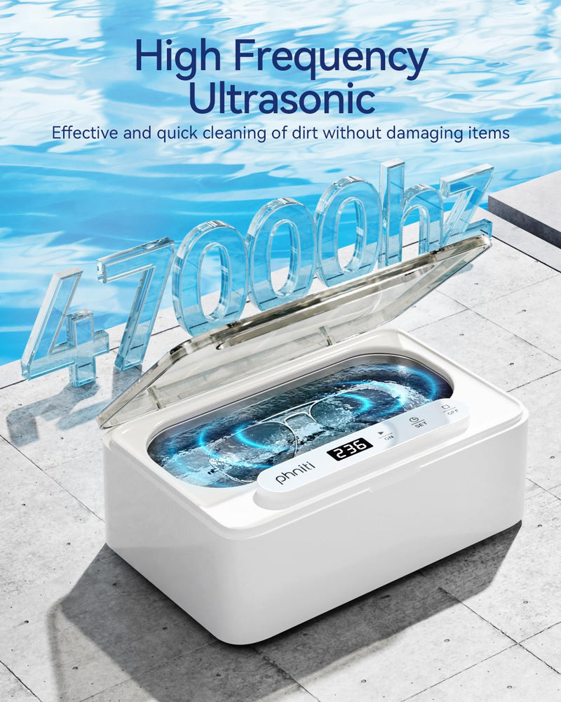 Phniti Ultrasonic Jewelry Cleaner, 47kHz Professional Ultrasonic Retainer Cleaner Machine for Dental Cleaning Three Cleaning Modes, Mouth Guard, Watch, Ring, Diamond, White 330ML