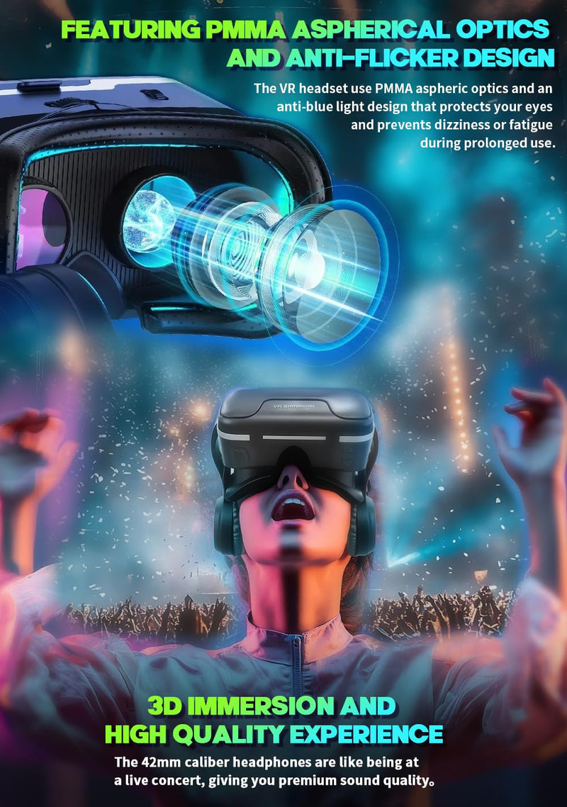 VR Headset for iPhone & Android, 120° Viewing Angle 3D Glasses with Aspherical Lenses & Headphone, Perfect for VR Videos and Mobile Games