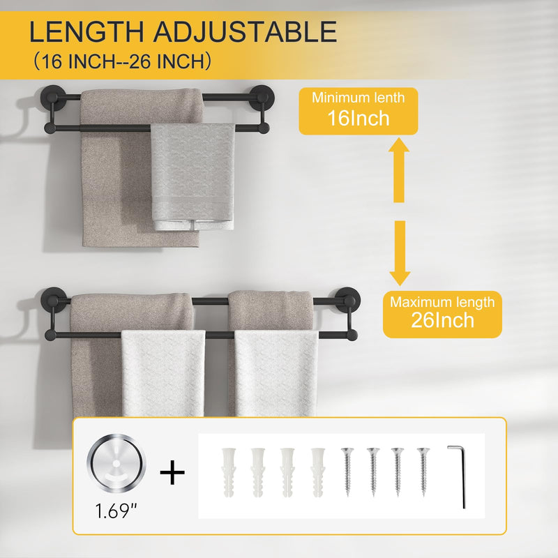 BESy Adjustable 16-26 Inches Double Bath Towel Bar for Bathroom SUS304 Stainless Steel Towel Holder, Hotel Style Wall Mount with Screws Hand Towel Bar Towel Rack Rod Hanger, Matte Black Finish