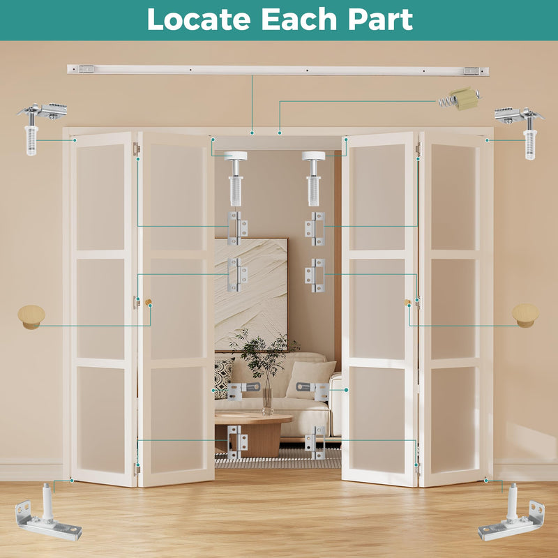 Closet Bifold Door Hardware & 48 Inch Track Kit, 4 ft Folding Door Bi-Fold Puerta Repair Replacement Part for Laundry, Include 4 Foot Rail Floor & Top Bracket Pivot Pin Guide Roller Hinge Knob 1 Pack-48" Track