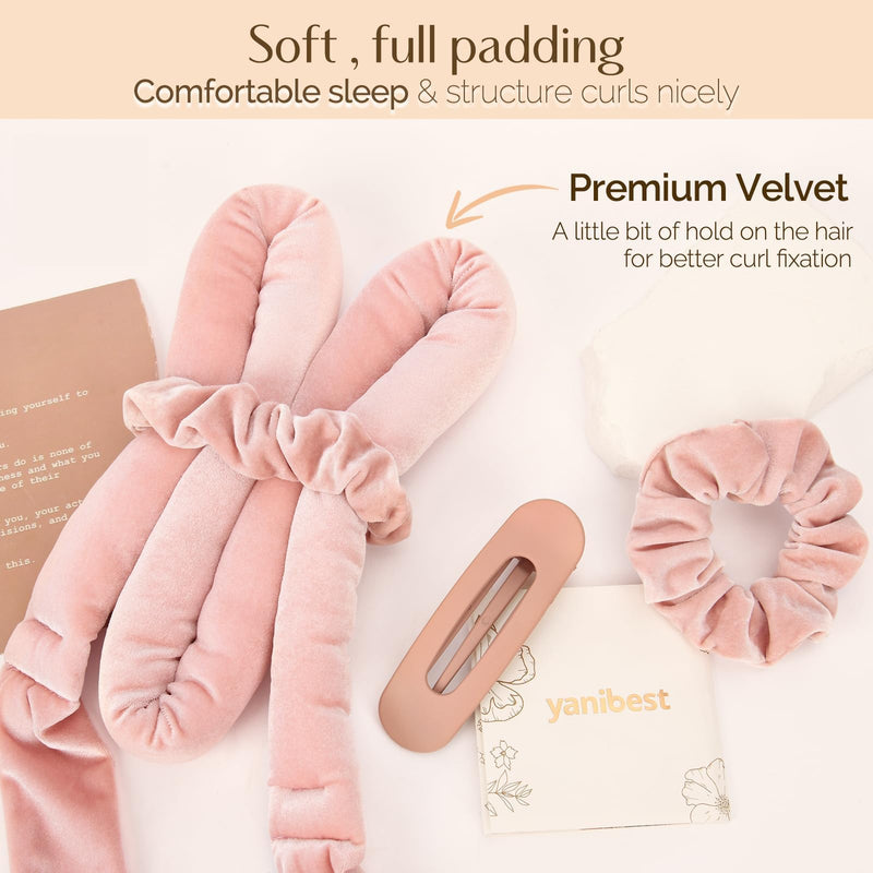Yanibest Heatless Hair Curler, No Heat Hair Curlers to Sleep in, Super Soft Ribbon Wrap for Long Hair, Overnight Heatless Curling Set with Scrunchies and Clip, for All Hair types Pink