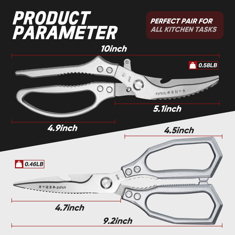 TIVOLI Kitchen Scissors Set Silver,Japanese Stainless Steel Kitchen Shears for Food, Heavy Duty Poultry Shears, Food Scissors for Meat,Chicken Bones and Turkey,Ideal Gift Silver Poultry & Kitchen Shears Set