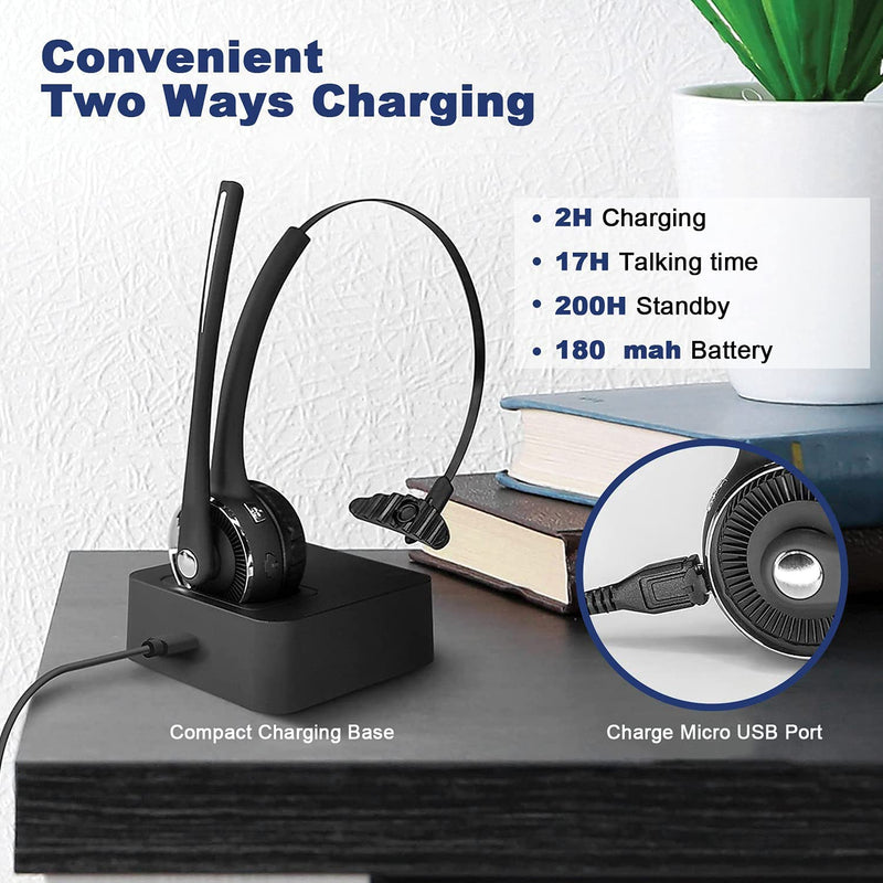 Trucker Bluetooth Headset with Microphone Noise Cancelling, V5.0 Wireless Headset with Charging Base 17 Hrs Talk Time, Black