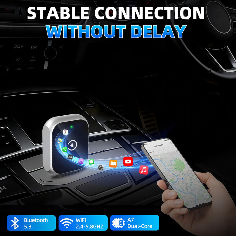 Wireless CarPlay Adapter for iPhone, 5.8GHz WiFi Bluetooth 5.3 Fast Auto Connect Dongle, USB A/C Dual Port Mini Metal Shell, Plug & Play Compatible with Factory Wired CarPlay Cars Silver