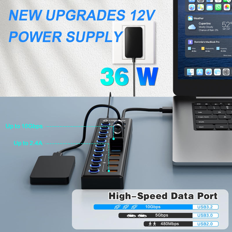 Powered USB Hub, MENKSID 11-Port USB Hub, 7 USB 3.2 Data Transfer Ports + 4 Smart Charging Ports, Independent Switch (with LED Power Indicator), USB 3.2 Hub Powered with Power Adapter for Mac, PC USB3.2-P7+4
