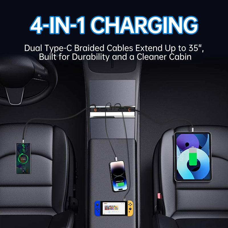 USB Hub for Tesla Model Y Juniper Model 3 Highland Model Y L | Fits 2025-2026 Juniper 2024-2026 Highland Y L, 190W Fast Charging, Dual Retractable Type-C Cables Sliding Cover Console Dock