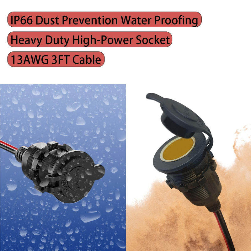 3FT 12V Fixed Thread Cigarette Lighter Socket Extension Cable, 12V Waterproof Outlet Socket Replacement 13AWG Heavy Duty Cable
