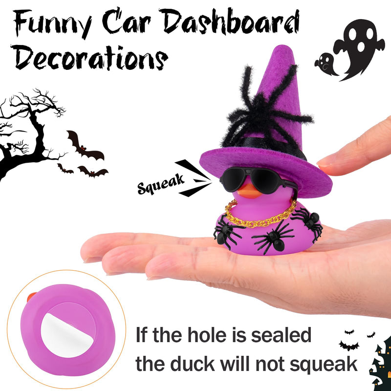 wonuu Car Dashboard Decorations Spiders Witch Rubber Ducks for Halloween, Duck for Office Desk Ornament Accessories with Hat, Glasses, Chain, Plush and Plastic Spider, Green