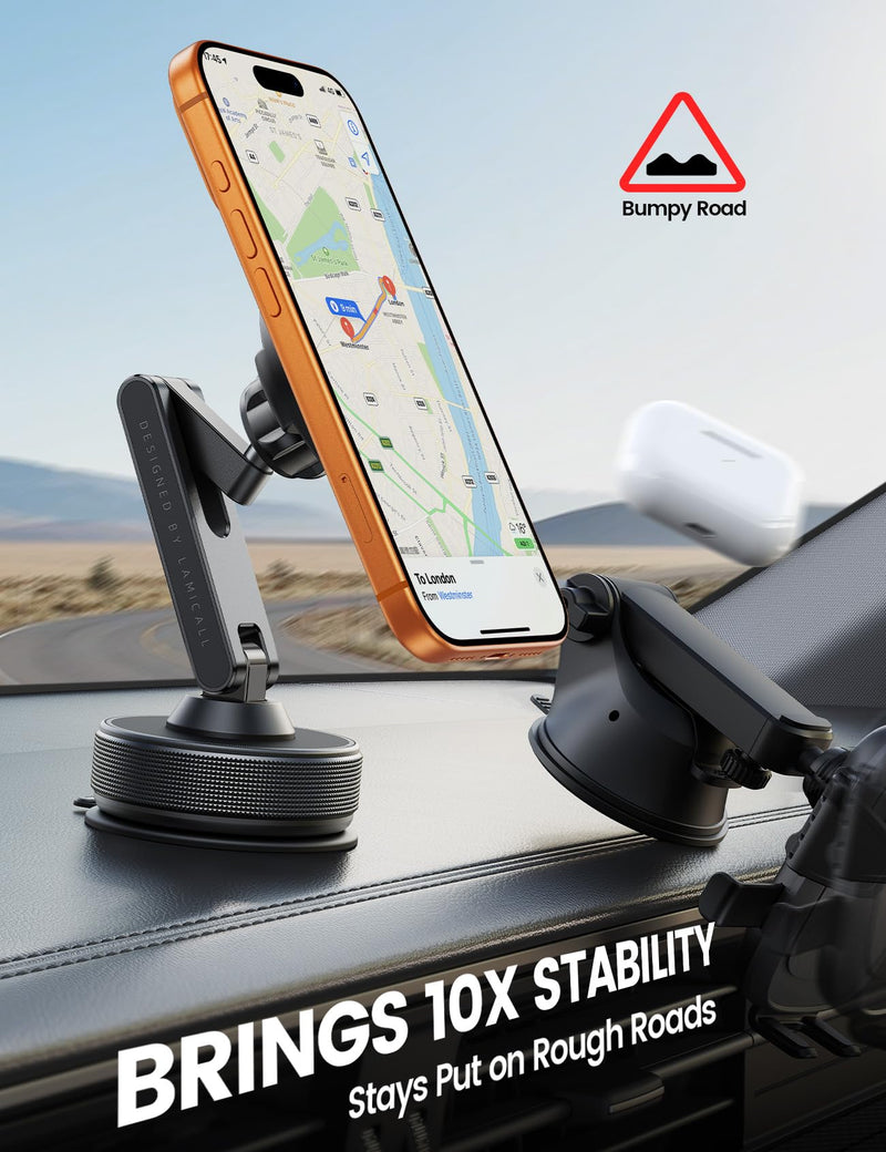 Lamicall Car Phone Holder Mount Ultra Nano Gel & 70+LBS Vacuum Suction Cup | 20X Strong Magnets 360° Phone Holders for Your Car Dashboard Windshield Car Mount for iPhone 17 16 15 Pro Max S26 S25 Black