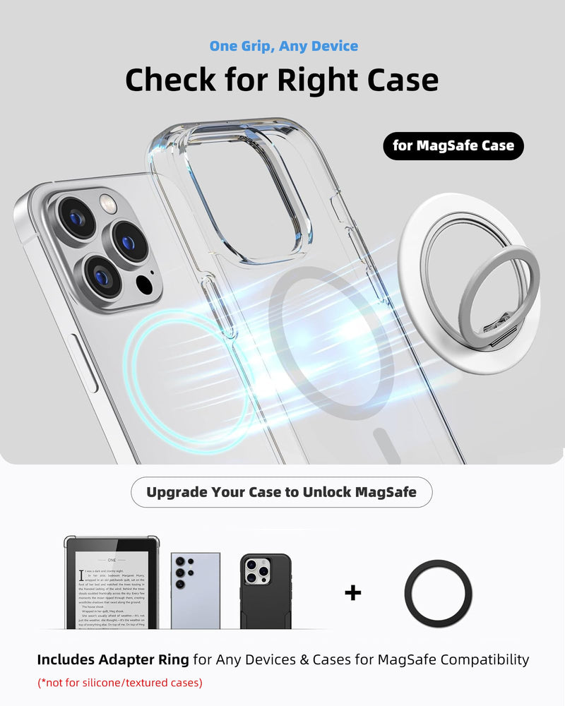 Magnetic Phone Ring Grip for MagSafe, Rotatable Ring Holder Stand with Adapter Ring for Phone Case, White