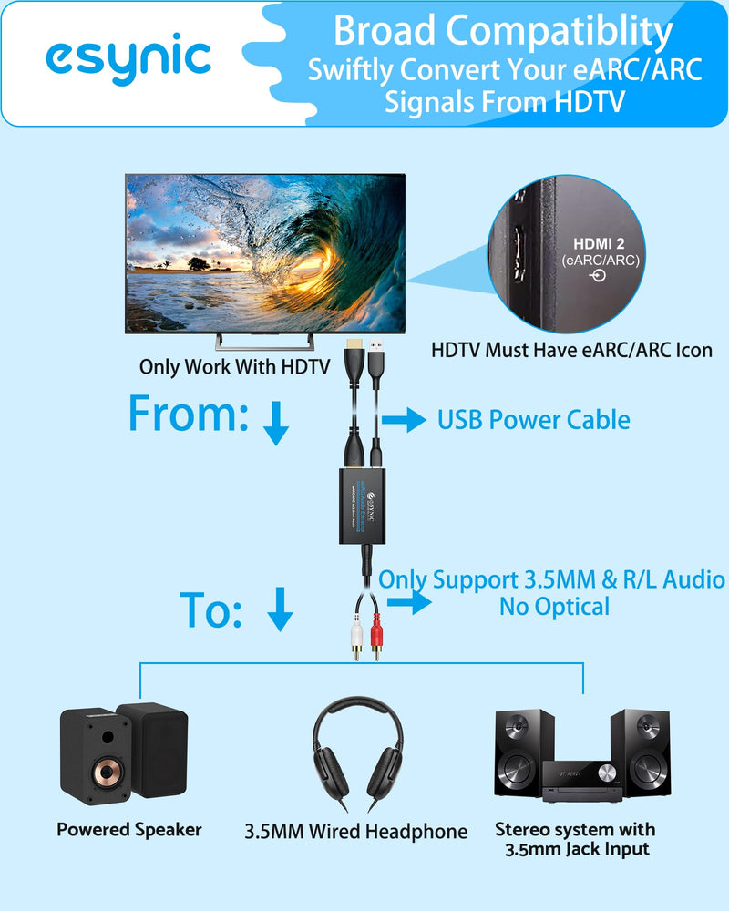eSynic 7 FT Long eARC/ARC Audio Extractor-Plug & Play-Only Work For HDTV ARC/eARC Interface-192KHZ ARC to RCA&3.5MM Aux Adapter From HDTV to 3.5MM Headphone&L/R Stereo Audio System-No Optical Soundbar eARC/ARC to RCA