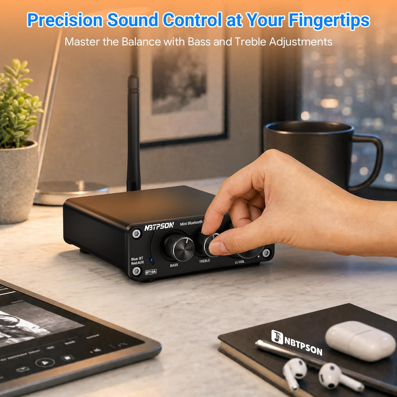 BT10A Bluetooth Stereo Amplifier, 100W x 2 Mini Class D Power Amplifier Receiver for Passive Speakers, 2 Channel Home Audio Amp with Bluetooth, for Bookshelf, Ceiling, Garage, Patio -TwoTPA3116 Chips