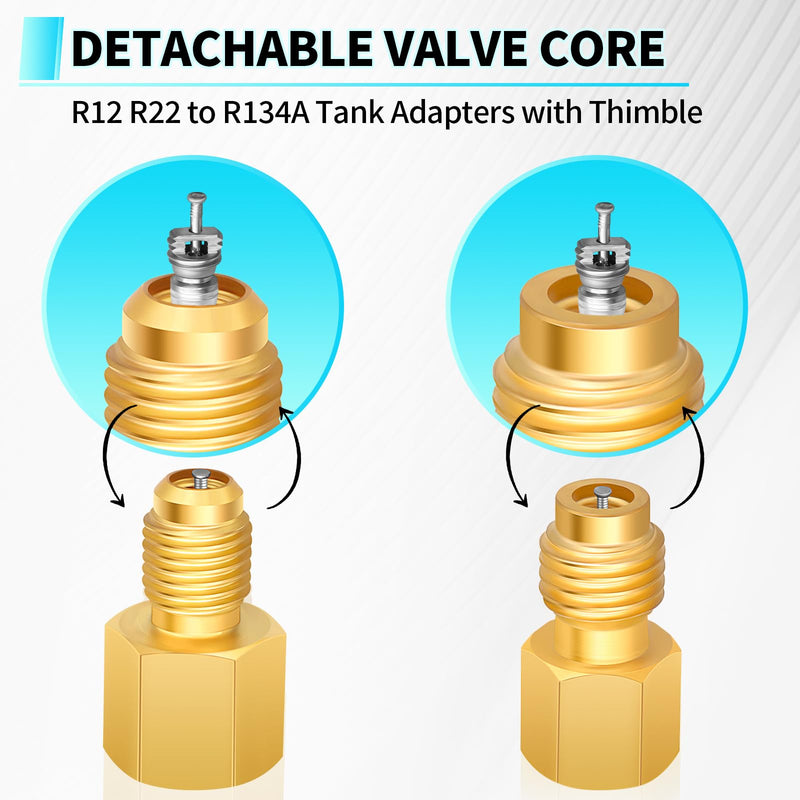 Boltigen R134a Refrigerant Tank Adapters, R12 R22 to R134a Adapter Connector, 1/2 to 1/4 Flare R134a Vacuum Pump Adapter Fittings with Valve Core Remover R134A Adapters