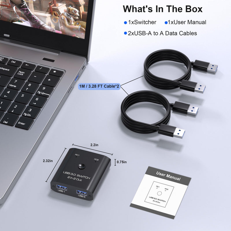 USB 3.0 Switch 2 in 2 Out, USB Switcher 2 Computers Sharing Keyboard Mouse Printer Scanner, USB switcher, Keyboard Mouse Switch, 2 Port USB Selector with 2 USB 3.0 Cables, Printer Splitter usb switch with usb3.0 cable