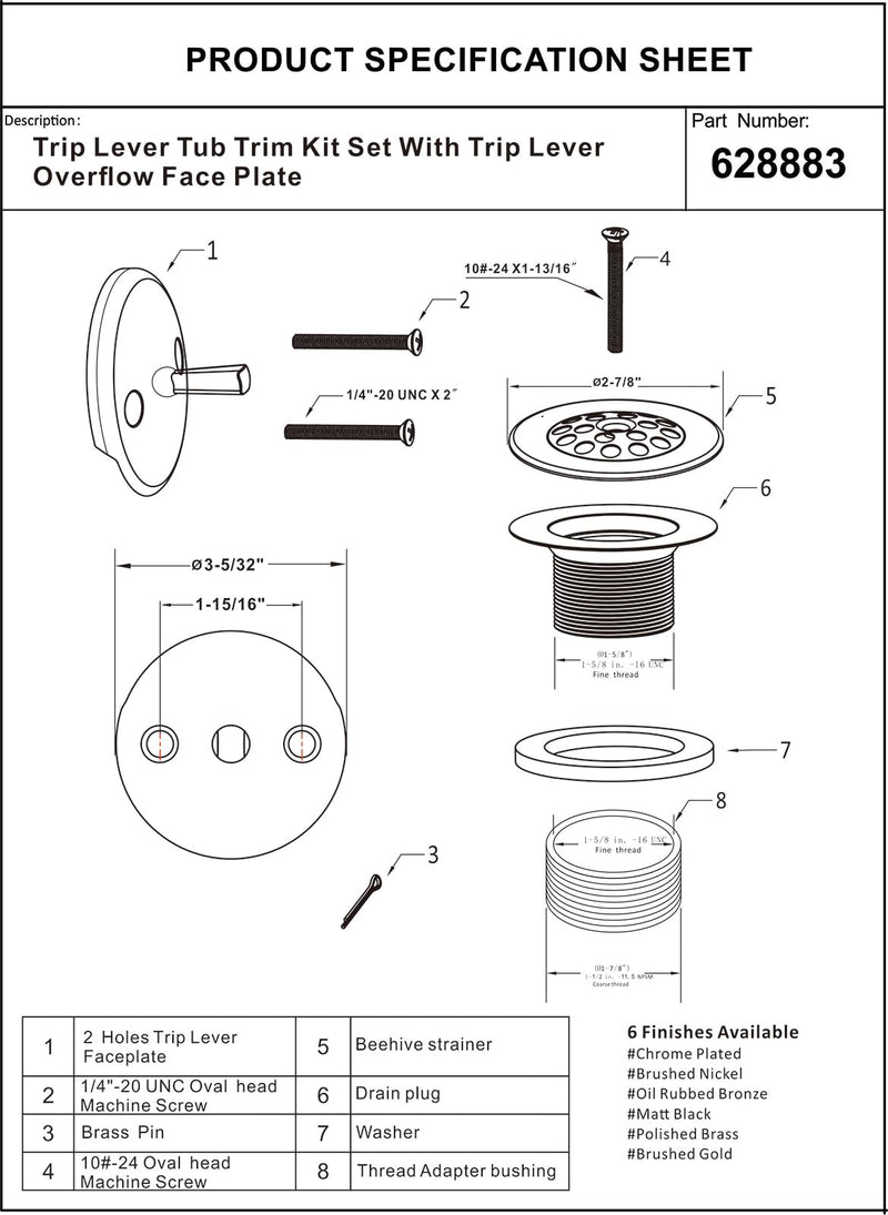 Artiwell Trip Lever Tub Trim Kit Set With Trip Lever Overflow Face Plate, Trip Lever Bathtub Drain with Strainer, Overflow and Matching Screws (BRUSHED GOLD) BRUSHED GOLD