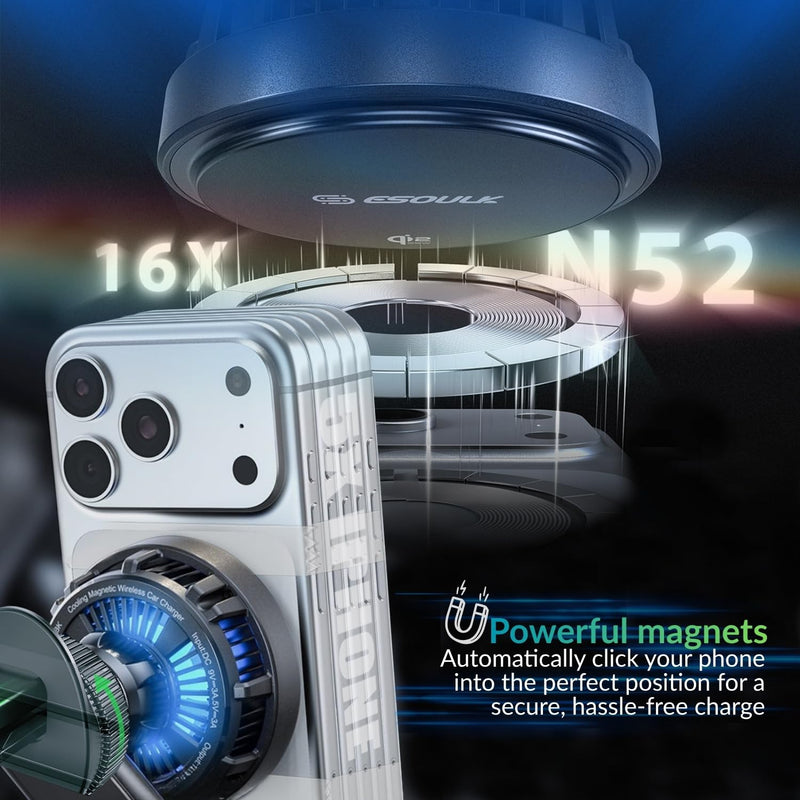 25W Cooling Magnetic Wireless Charger Air Vent Phone Mount for Car | 25W Fast Wireless Charging with Built-In Cooling Fan, Secure Air Vent Mount, Flexible Viewing Angles, 45W Adapter Included
