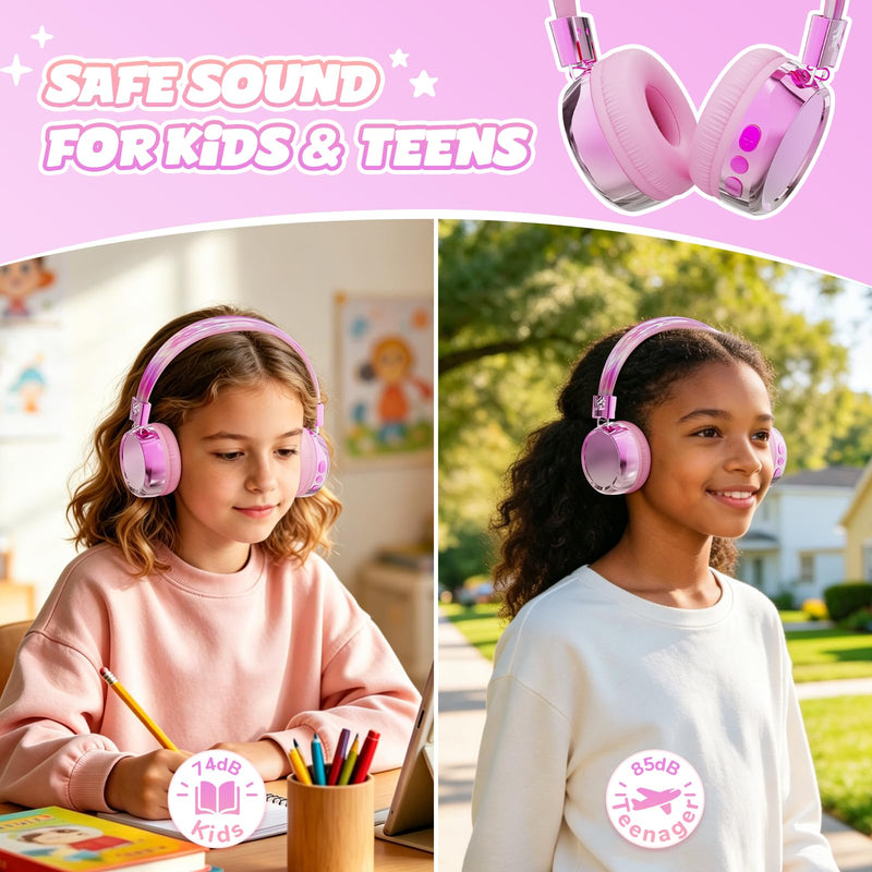 Owliwise Kids Bluetooth Headphones, 74/85dB Volume Limited, 60H Playtime, Built-in Mic, Fast Charging, Bluetooth 5.4, Foldable Toddler Wireless Over-Ear with AUX Cord, for iPad/Tablet/Airplane Pink