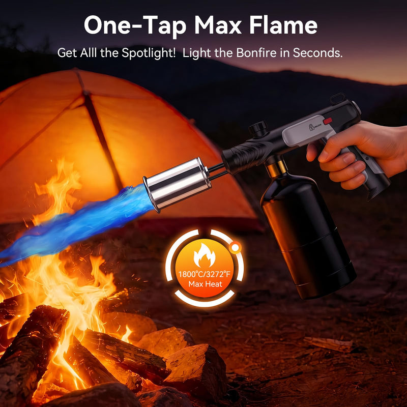 Propane Torch with Felt Storage Pouch, One-Tap Max Flame, Safety Lock, Adjustable Precision Flame, Kitchen Blow Torch Gun for Sous Vide, Searing Steak, BBQ Grill, Camping (Tank Not Included) Silver