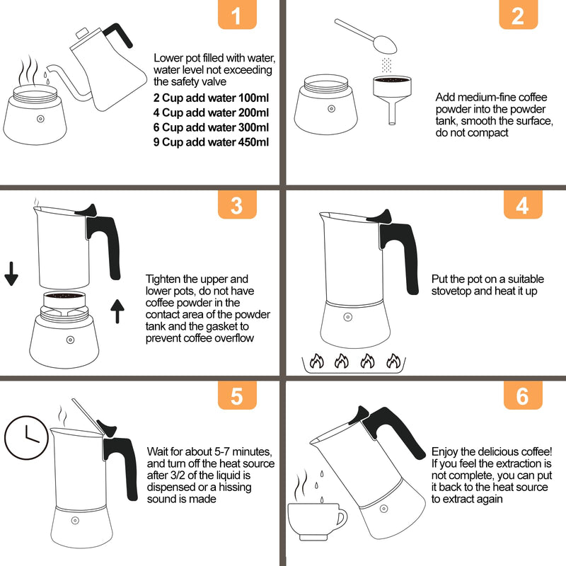 Uncoated 6 Cup Moka Pot 304 Thickened Stainless Steel Coffee Maker Stovetop Espresso Coffeemaker Italian Classic Style Brewing Greca Cafe Mocha Machine for Cafeteras Camping Travel Home 300ml 10oz