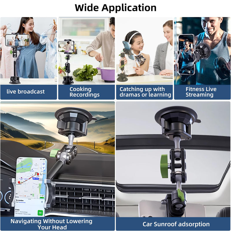 HEMMOTOP Suction Cup Car Phone Holder, 12in, Metal | Vibration Resistance, Heavy Duty, 360° Rotation, Strong Suction for Windshield, for iPhone All Smartphone & Cars Truck Clamp