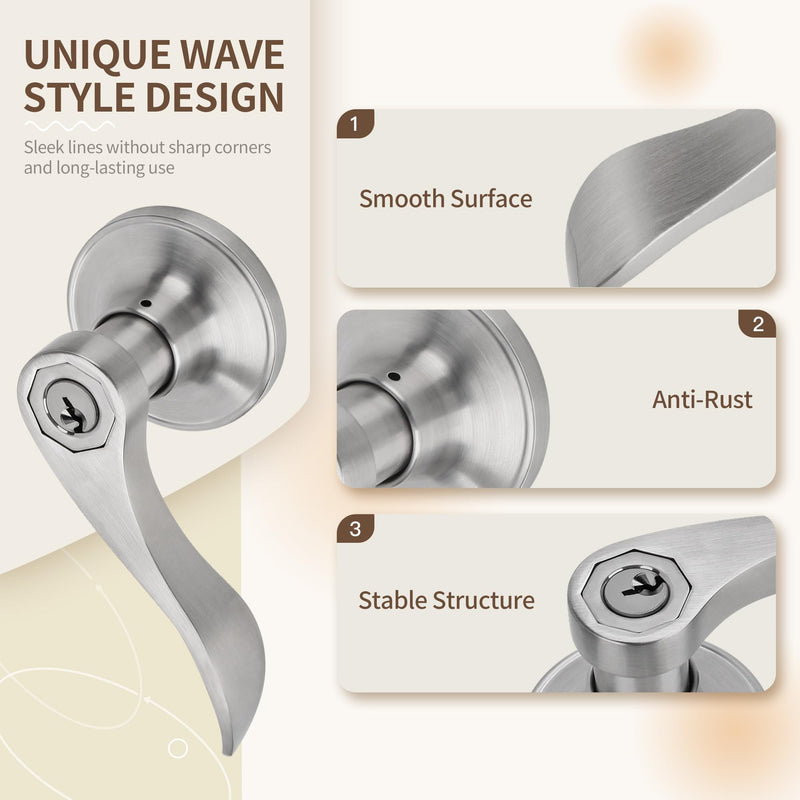 Moquin Wave Design Keyed Entry Door Lever with Lock, Reversible Door Handle for Right/Left Side Front/Entrance Door Lock in Satin Nickel Finish Keyed Entry-Lock & Key