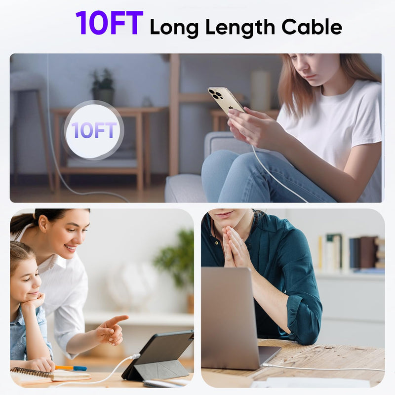 USB C to USB C,240W USBC Woven Charge Cable,10FT 2Pack Long USBC Cable Fast Charging Cord for Apple MacBook Pro/MacBook Air,iPad Pro/Air,iPad mini,iPhone 16e 16 15 ProMax Compatible 140W/100W/60W/45W 10FT 2