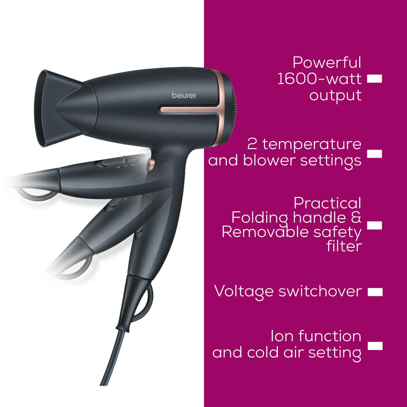  [AUSTRALIA] - Beurer HC 25 travel hair dryer with ion function, small, foldable and lightweight, 1600 watts, voltage switching from 110-120 /220-240 V, 25.9 x 8 x 15.6 cm, black/rose