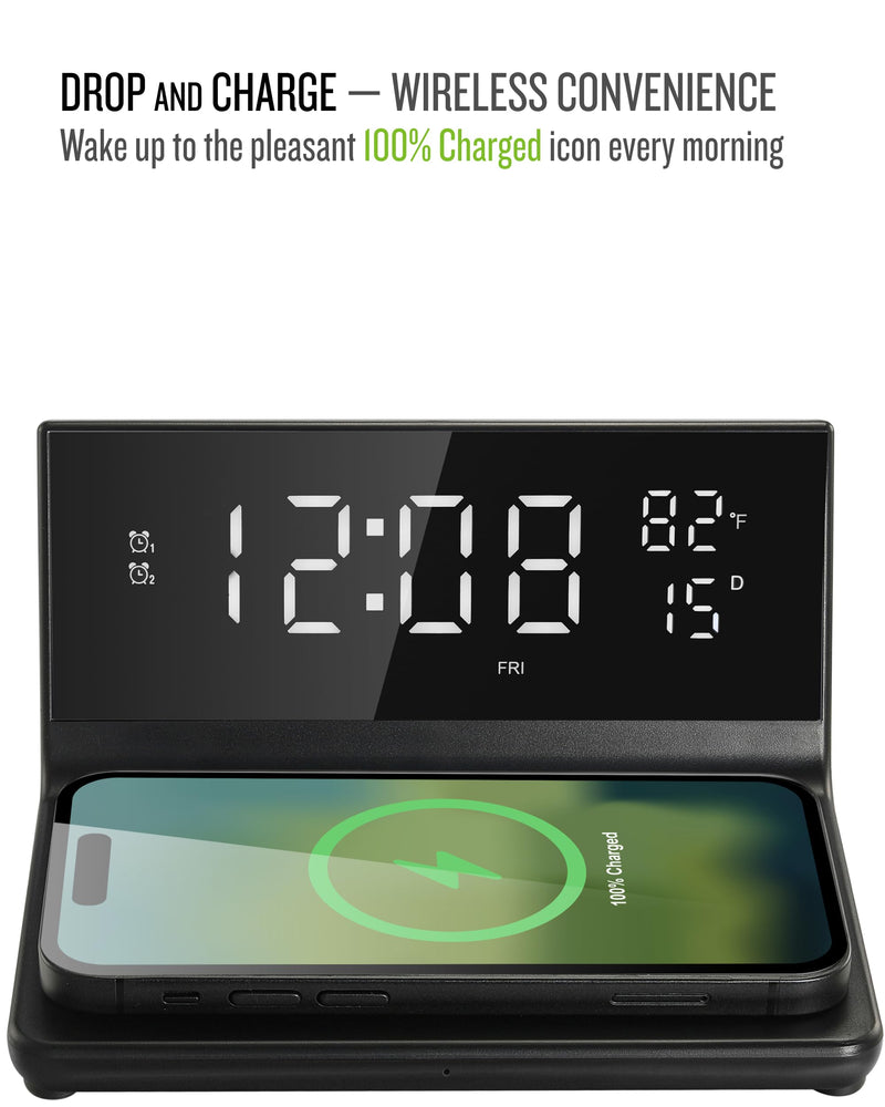 Soundfreaq Charge Rise II, SFQ-20: Digital Alarm Clock, with Dual Alarms, Fast USB Charger and Wireless Charger (Black) Black