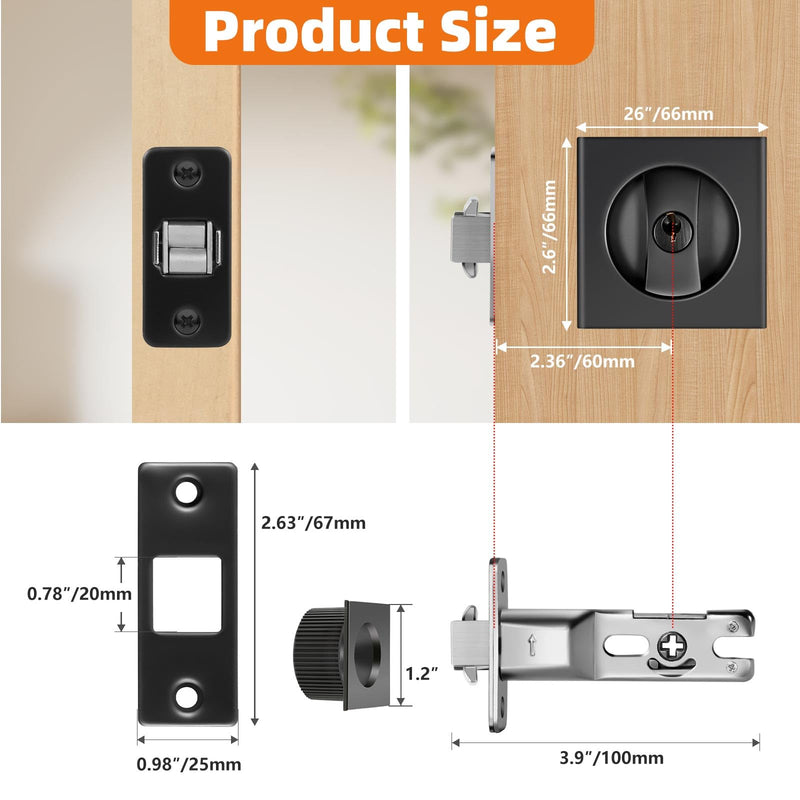 Pocket Door Lock, Pocket Door Lock with Key, Pocket Door Hardware, Matte Black Pocket Door Hardware,Pocket Door Edge Pull kit, Square Design(Black)