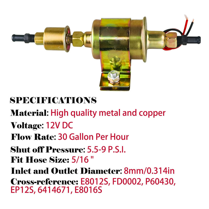 Universal Electric Fuel Pump 5-9 PSI 30GPH 12V DC E8012S Gasoline and Diesel Fuel Pump for Carburetor Engine E8012S, FD0002, P60430, EP12S, 6414671 5-9 PSI 12V