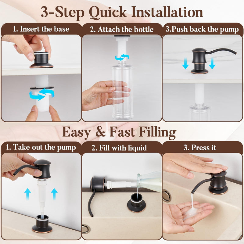 Built in Soap Dispenser for Kitchen Sink Countertop, Solid Brass Pump Head Long Spout with 10.2 Ounce PET Food Safe Material Lotion Bottle, Oil Rubber Bronze Finish Orb