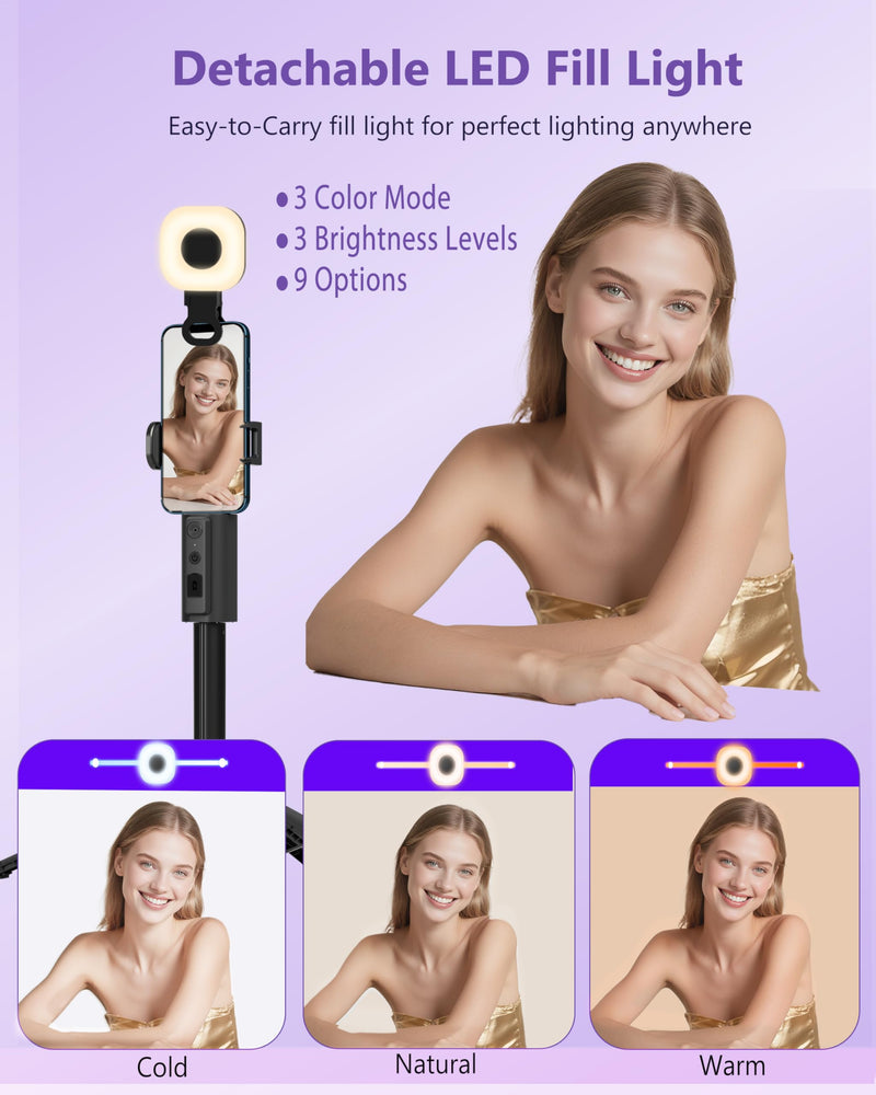 59" Extendable 360° Auto Face Tracking Phone Stand with Remote and Fill Light, No App Needed, Black Tracking Tripod for iOS and Android, Ideal for Content Creators and Video Recording Light+Black