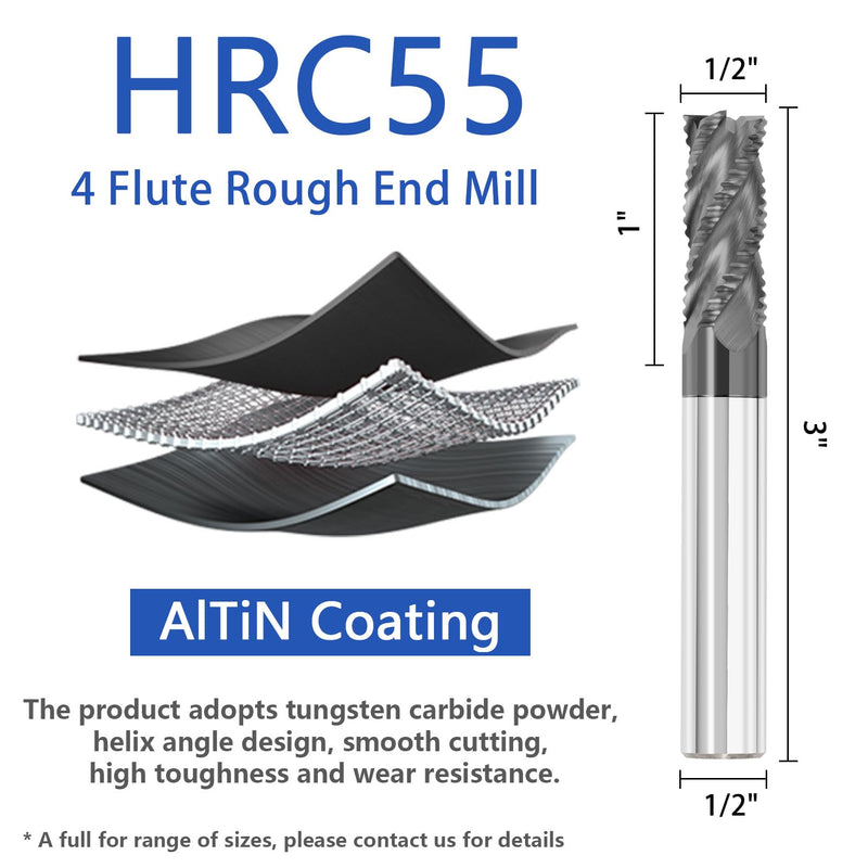 1/2" Tungsten Carbide Roughing End Mill 4 Flute Square Endmill Set CNC Milling Bits with AlTiN Coated for Alloy Steels/Hardened Steels 1/2 in