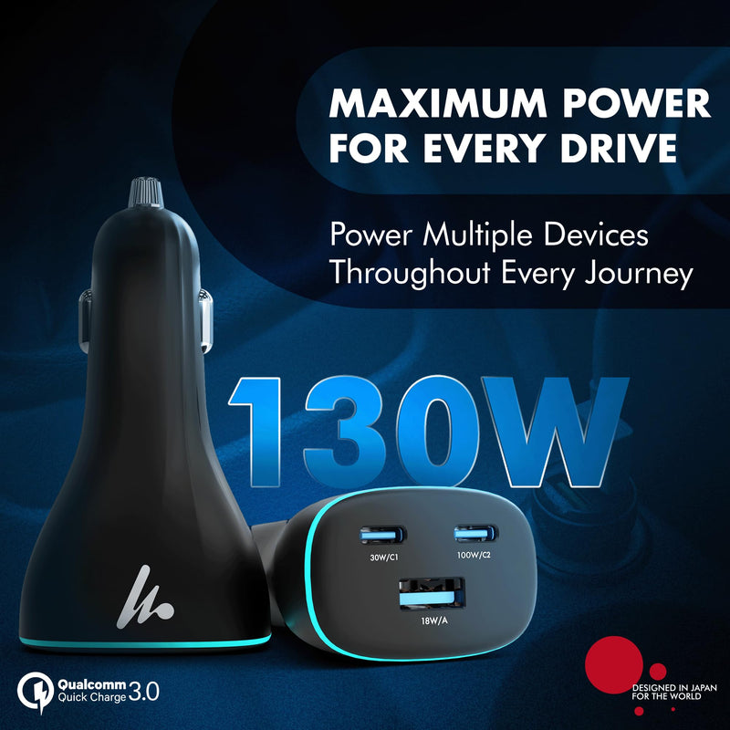 PD 130W Superfast Charging 2.0 Wozoyo Car Charger, with 2XType C & USB-A, PPS & QC 3.0, Triple Port (100W + 30W + 18W), 12V–24V Compatible, Multi-Layer Protection, 2-Years Manufacturer Warranty PD 130W