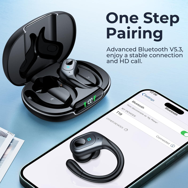 occiam Active Noise Cancelling Earbuds Wireless Bluetooth Headphones | Ear Buds 90Hrs Playback Stereo Bass Earphones with Mic Over-Ear Hooks IPX7 Waterproof Headset for Sports Running Matte Black
