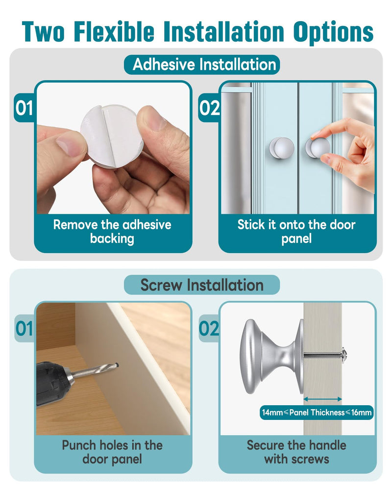 Self-Stick Cabinet Knobs, Aluminum Alloy Self-Adhesive & Drill-Mount Drawer Pulls for Kitchen Cabinets, Cupboards, Dressers, Closets, Sliding Glass Doors - Screws/Stick Install (8, Silver) 8