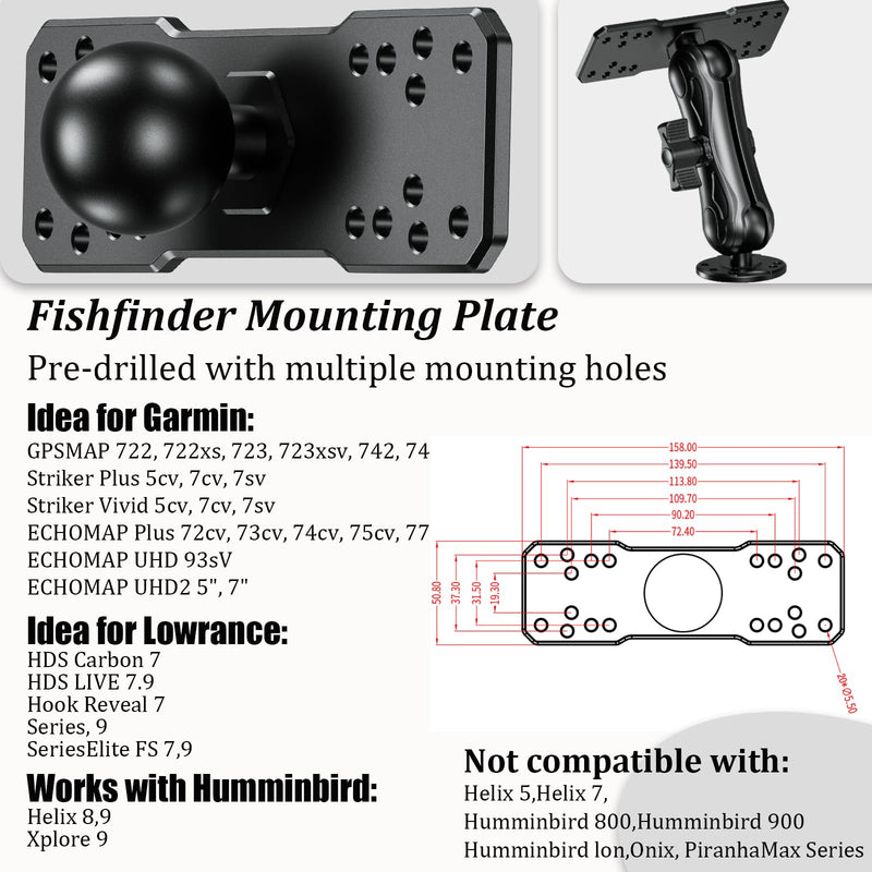 LOKTENWO Aluminum Fish Finder Mount for Boat with 1.5" Ball & 5.7" Arm | Heavy Duty Universal Marine Electronic Mount Compatible with Garmin, Lowrance, Humminbird, Raymarine