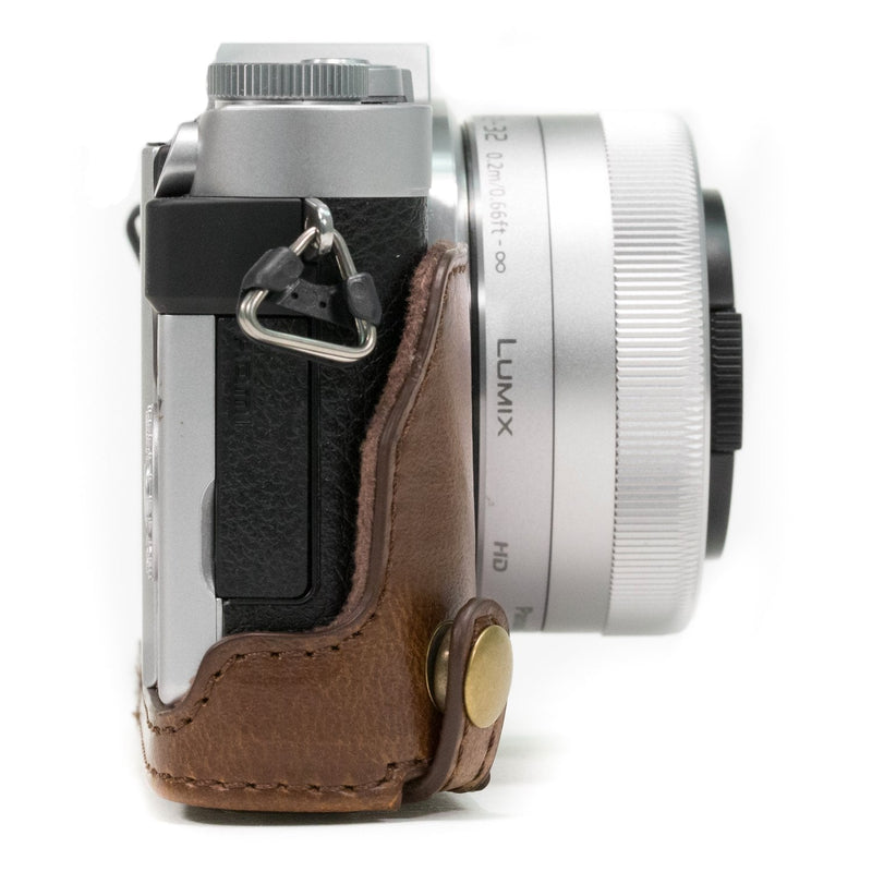 MegaGear Ever Ready Leather Camera Case compatible with Panasonic Lumix GX800, GX800 12-32mm Lens, DMC-GF8, DMC-GF7 Dark Brown