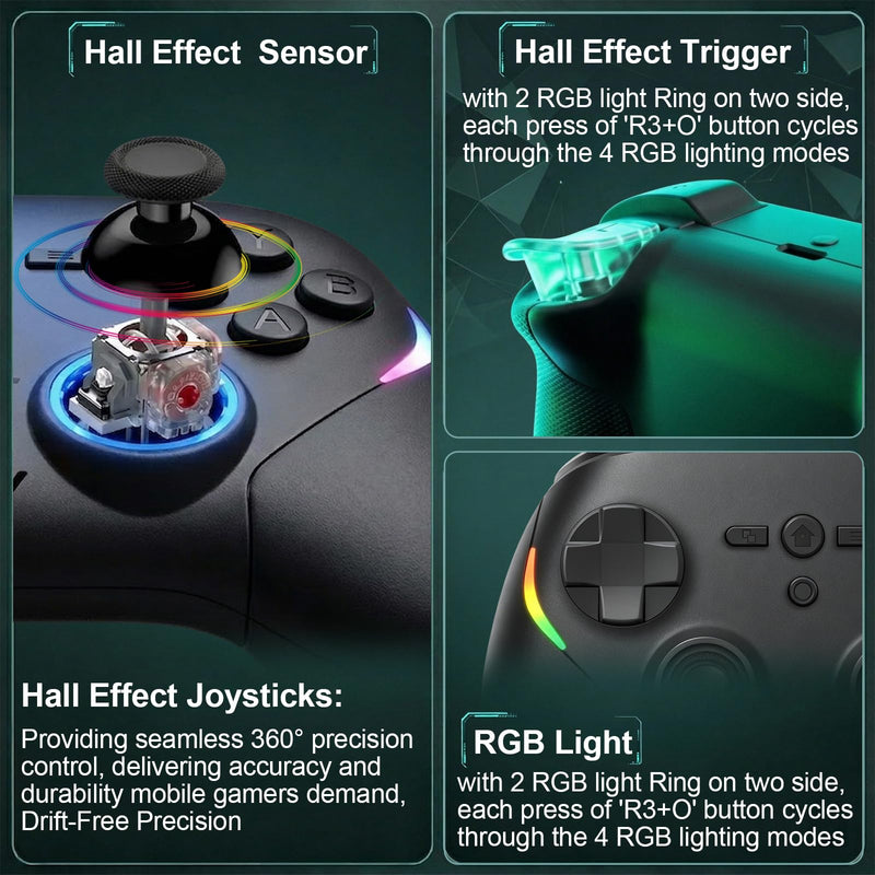 Megadream Phone Controller for PC/Switch 2|Swith/Android/iPad/Tablet/iPhone Controller - RGB light - Hall Effect Trigger/Joystick - Call of Duty, Roblox, Genshin Impact, Direct Play Black