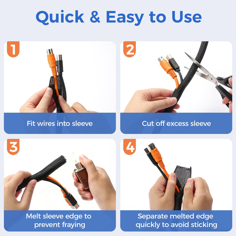 Delamu 10ft - 1/2 inch Cable Sleeve Cord Protector from Pets No Chew, Split-Braided PVC Wire Loom Tubing for Desk Computer USB TV Cord Organizer, Easy Set-up Cable Management Sleeve Kit, Black 1/2"-10ft