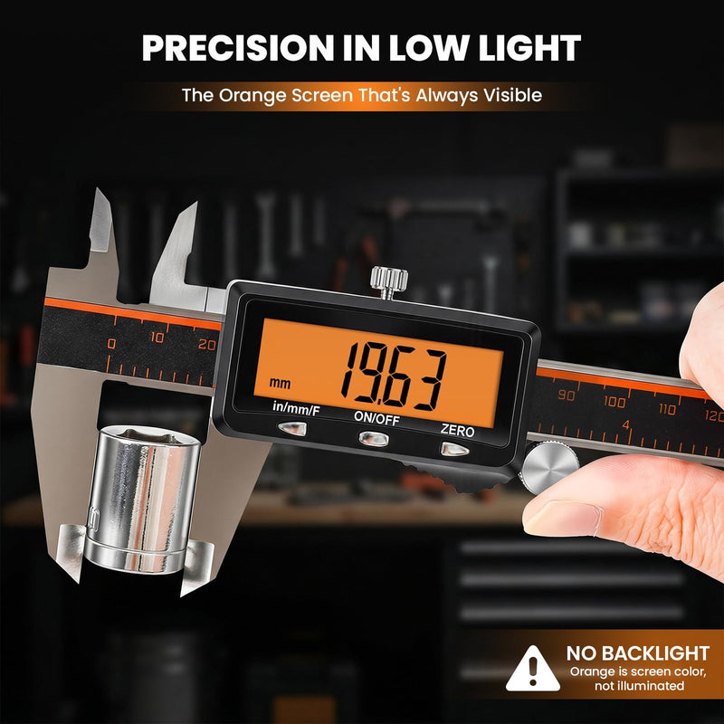 HARDELL Digital Caliper, 6" Rechargeable Caliper Measuring Tool with Large Orange Screen (Non-Backlit), Stainless Steel Digital Micrometer with Auto-Off, Inch/MM/Fraction for DIY/Household/3D-Printing | Precise Measurements, Digital Display 6 Inch