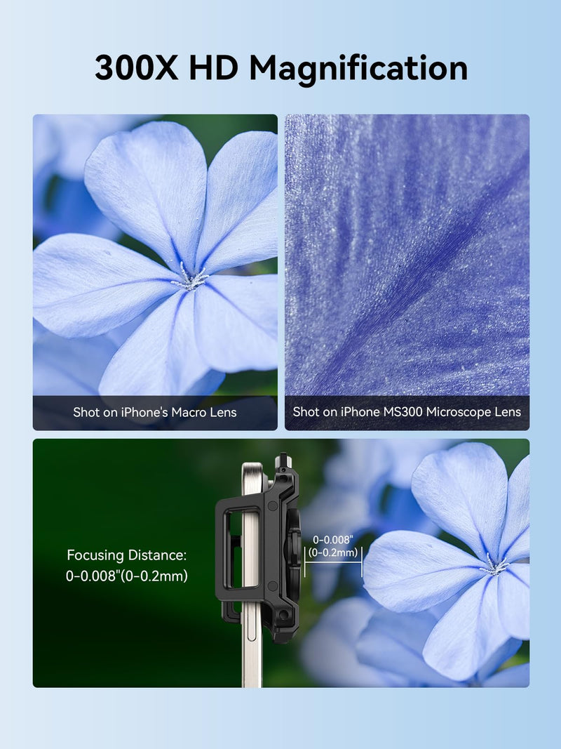 MIAO LAB 300X Phone Microscope Lens, Phone Camera Micro Lens with Universal Clip/LED Light/CPL, Mini Pocket Microscope Attachment for iPhone 17/16/15/14/13 Series and Most Smartphone MS300(300X) MS300 (300X)