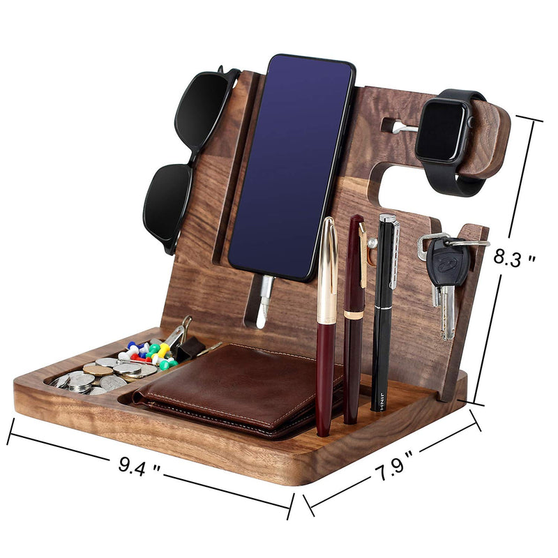 Wooden Phone Docking Station for Men - Engraved Nightstand Organizer, Phone Holder, Key, Wallet, Watch Stand, Christmas, Anniversary, Birthday Gifts for Boyfriend, Husband(Walnut) Brown Ebony Wood For Husband