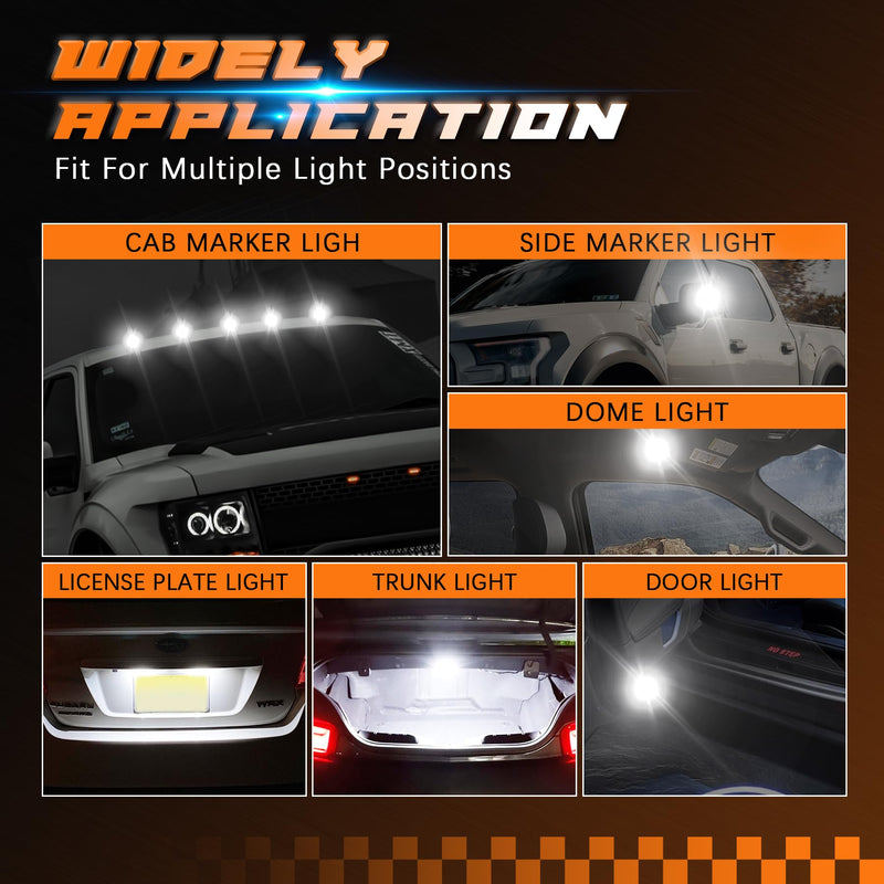 194 LED Bulbs for Cab Top Clearance Marker Lights, Non-Polarity Amber T10 168 W5W 6-3030-SMD Replacement Bulbs for License Plate Dome Map Turn Signal Light White